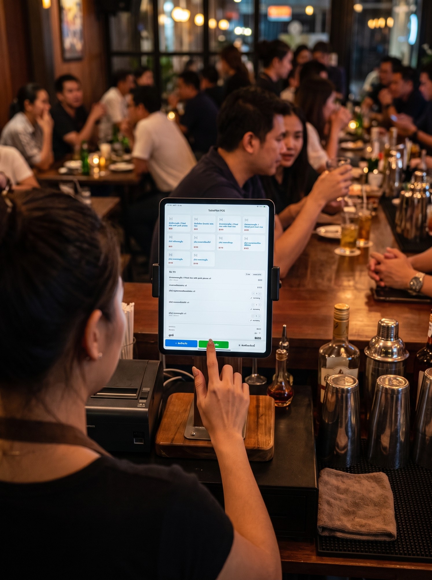 พนักงานใช้ iPad รับออเดอร์จากระบบ TablePilot จริงที่หน้าบาร์ร้านอาหาร