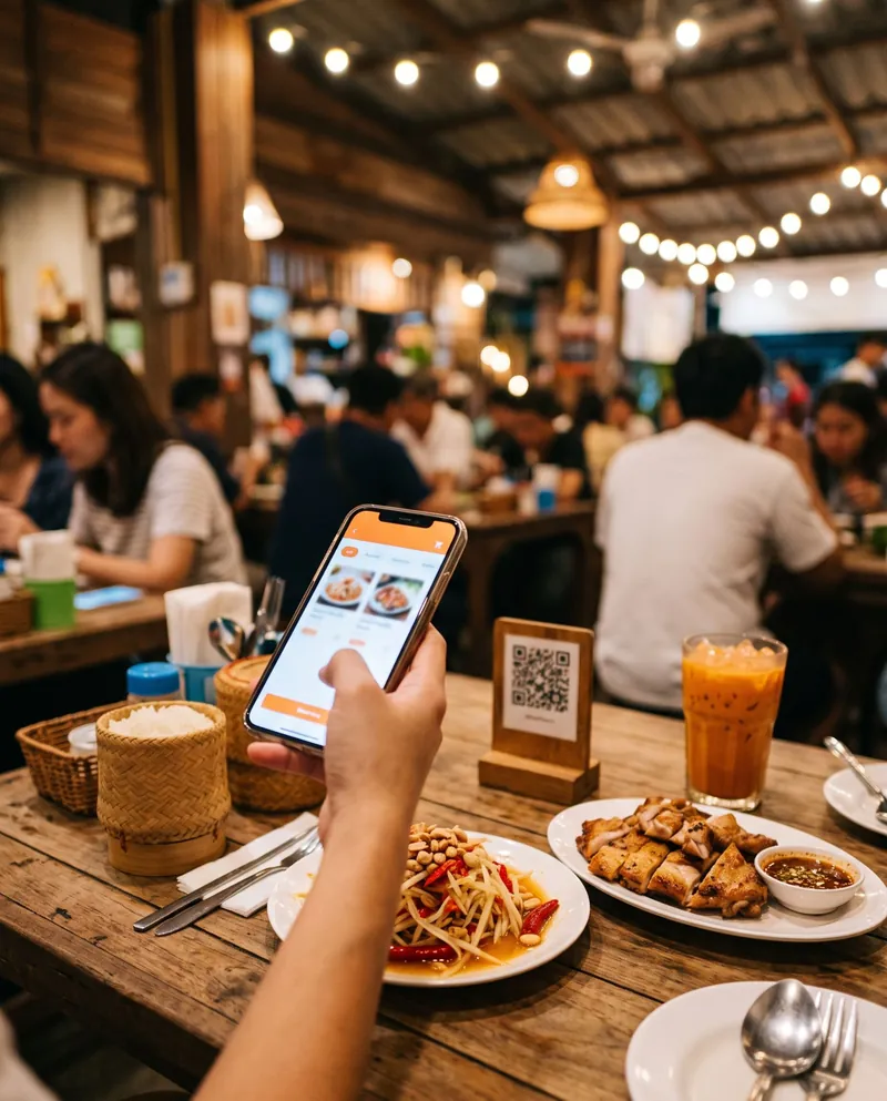 ลูกค้าในร้านอาหารไทยใช้มือถือสแกน QR บนโต๊ะเพื่อเลือกเมนู มีส้มตำและไก่ย่างวางอยู่บนโต๊ะ