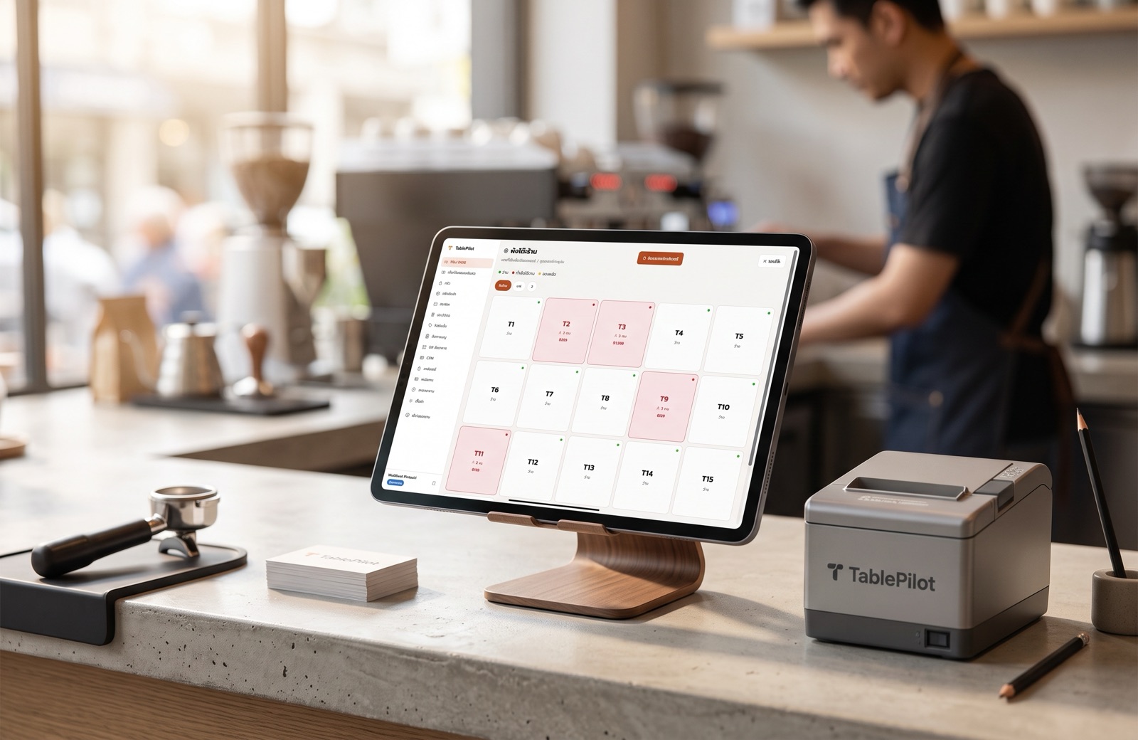 พนักงานใช้ TablePilot บนแท็บเล็ตหน้าเคาน์เตอร์ร้านกาแฟ ดูผังโต๊ะแบบเรียลไทม์